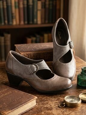 Clarks Size 10M Grey Brown Leather Brogue Mary Jane Wingtip Heel Dark Academia